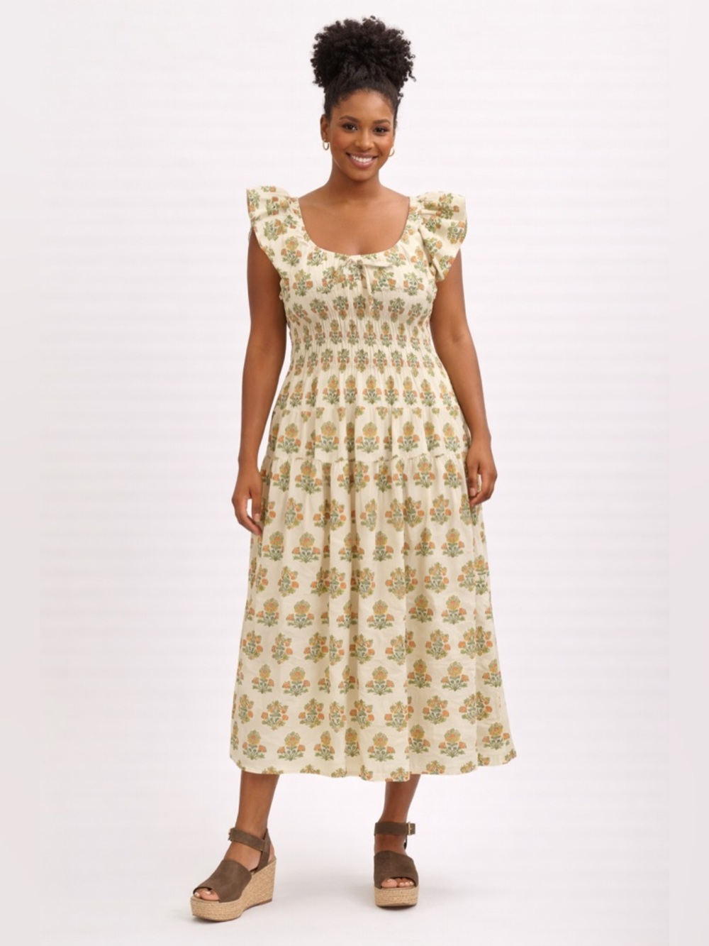 T.E. BY TRACY EVANS Floral Smocked 100% Cotton Midi Dress Women’s Size XL NWT